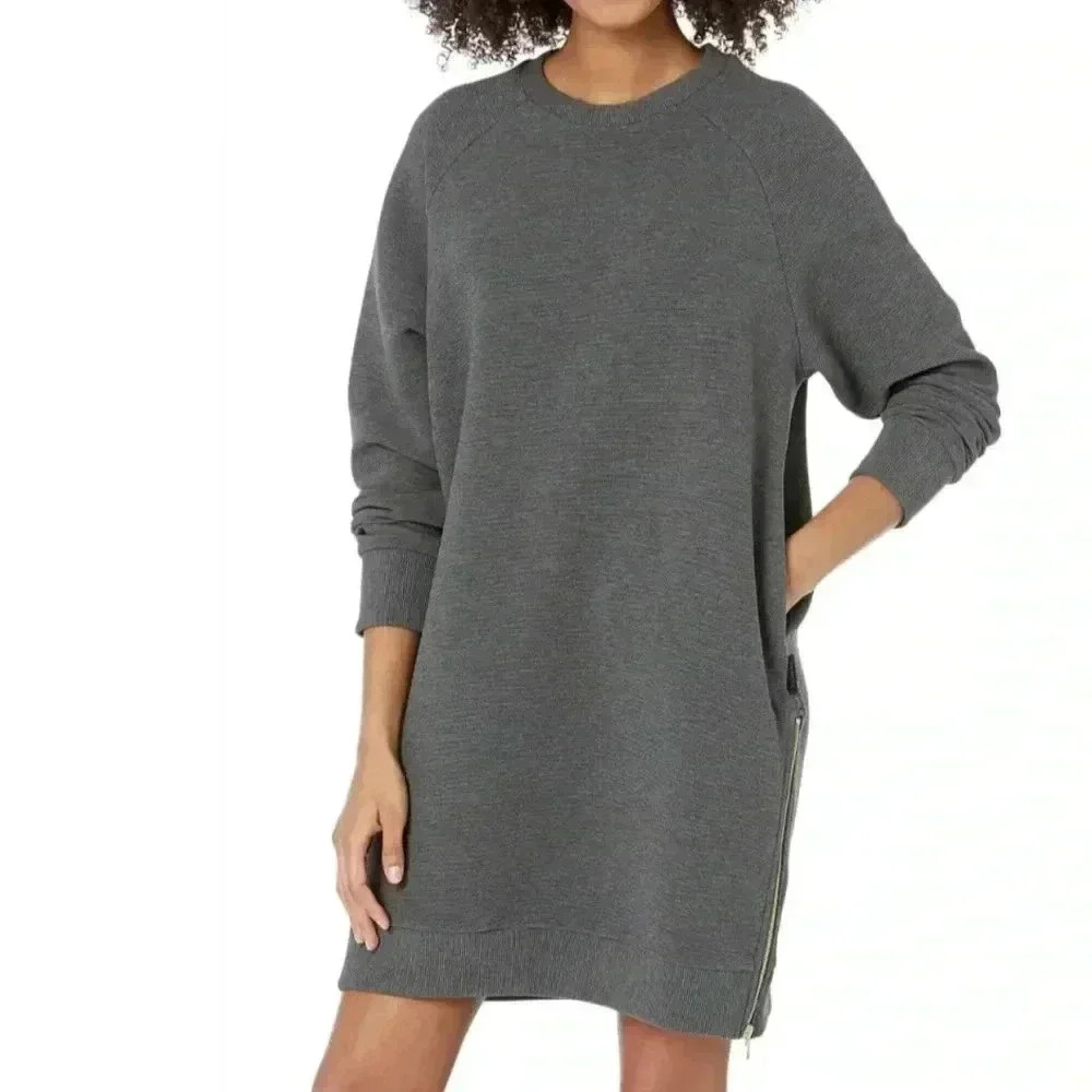 Varley Albret Dress EUC XS Charcoal Zip Sides Cozy Sweatshirt Dress